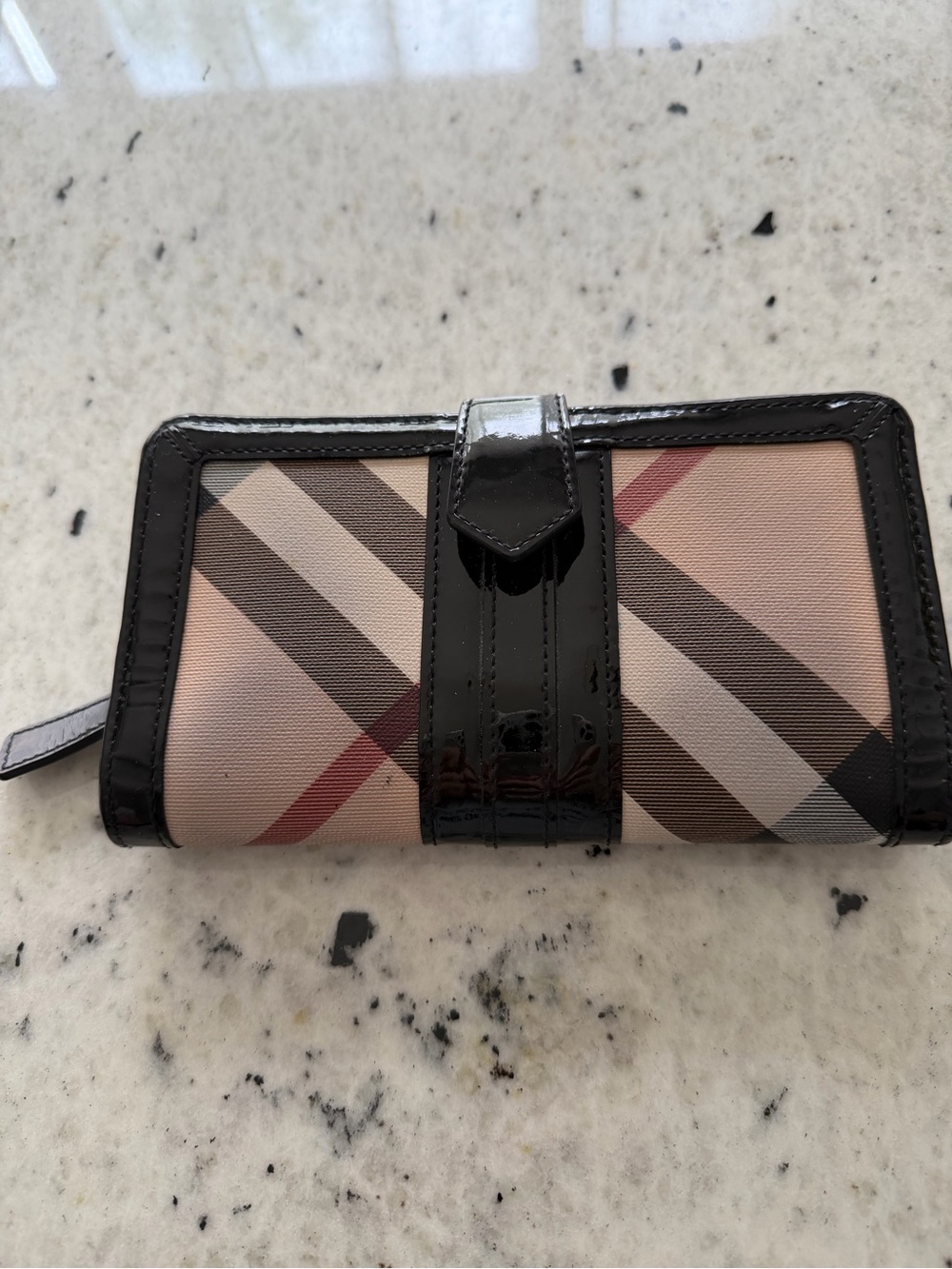 Burberry Beige Plaid Wallet with Black Patent Trim